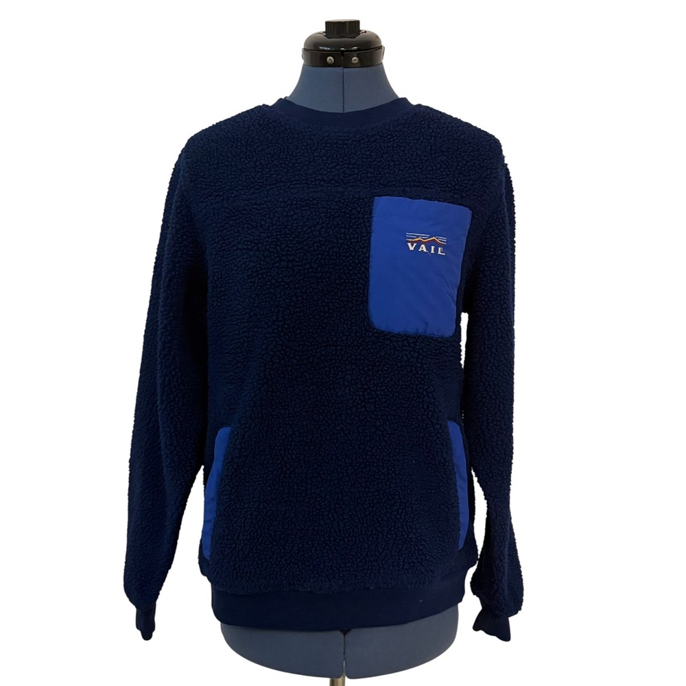 Vintage Vail Navy Blue Sherpa Teddy Fleece Crewneck Pullover Apres Ski Cabin S